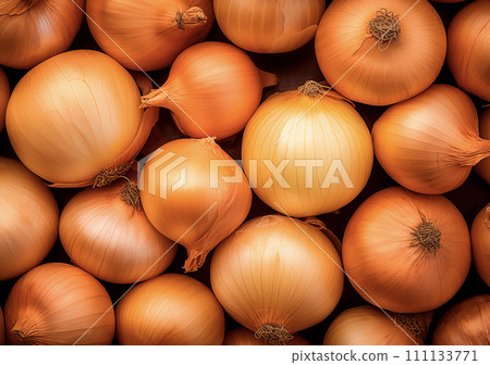 AI-generated content. Heap of onion, top view, vegetable background with copy space, AI generated 111133771