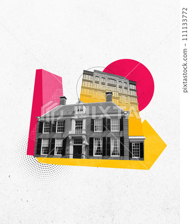 Modern aesthetic artwork. Collage of classic and modern buildings with bold geometric shapes in pop art style. Vintage. 111133772
