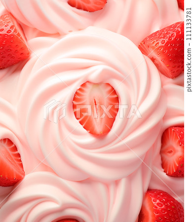 AI-generated content. Strawberry yogurt with fresh berries, top view background, AI generated 111133781