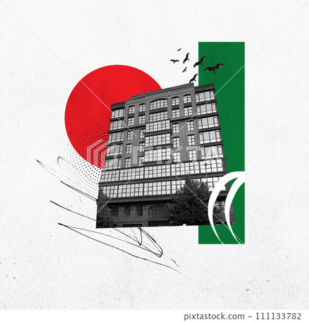 Modern aesthetic artwork. Black and white image of building in big city against abstract geometrical background. 111133782