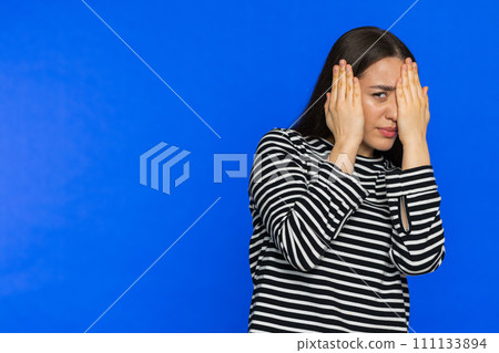 Afraid shocked young woman closing eyes, confused shy scared reject to watch, phobia, shame, stress Afraid shocked young woman closing eyes, confused shy scared reject to watch, phobia, shame, stress 111133894