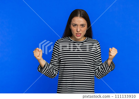 Irritated upset frustrated annoyed Caucasian woman quarreling asking reason of conflict problem 111133910