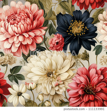 Seamless pattern of Zinnia flowers vintage style, AI generated 111133991