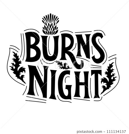 Burns night supper card with thistle on white background. Menu with lettering for restaurant, party... Burns night supper card with thistle on white background. Menu with lettering for restaurant, party... 111134137