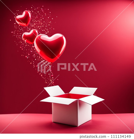 Happy valentines day decoration with opened gift box and heart shape balloon on pink background 111134149