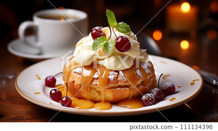 Cake with whipped cream and caramel sauce on a dark background. 111134396
