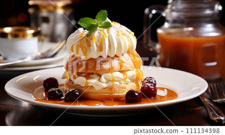 Cake with whipped cream and caramel sauce on a dark background. 111134398