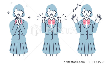 Reactions of female students wearing uniforms. Vector illustration material set 111134535