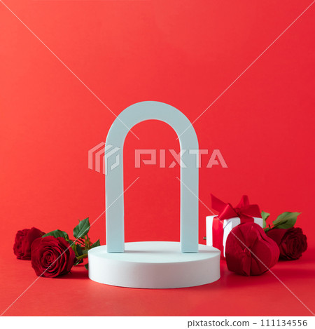 Abstract empty white podium with arch, hearts and rose flowers on red background 111134556