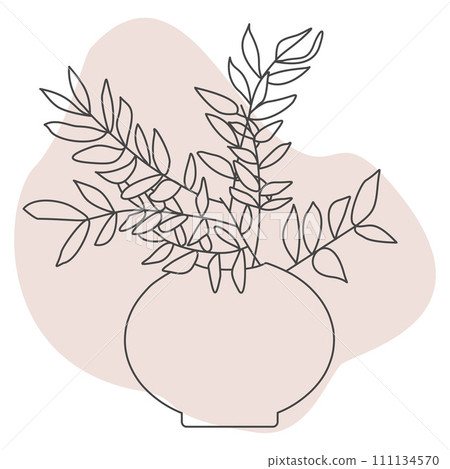 Line art twig with leaves in a vase. Solid Outline drawing of botanist in Flower pot. Black Contour and color spot. Modern design Vector illustration isolated on white background for Card, Wall Decor 111134570