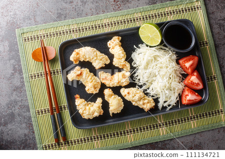 Toriten or Chicken tempura traditional dish of Oita Prefecture with sauce and cabbage salad closeup on the plate. Horizontal top view Toriten or Chicken tempura traditional dish of Oita Prefecture with sauce and cabbage salad closeup on the plate. Horizontal top view 111134721