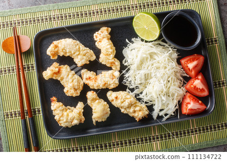 Toriten fried chicken from Oita prefecture in Japan with sauce and cabbage salad closeup on the plate. Horizontal top view 111134722