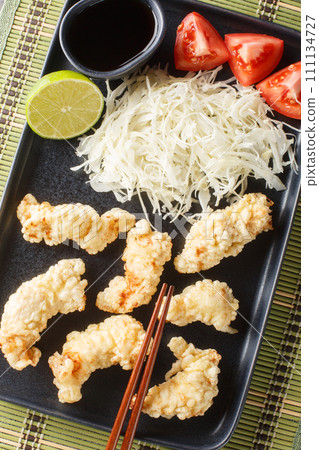 Toriten is a Japanese tempura style fried chicken with sauce and cabbage salad closeup on the plate on the table. Vertical top view Toriten is a Japanese tempura style fried chicken with sauce and cabbage salad closeup on the plate on the table. Vertical top view 111134727
