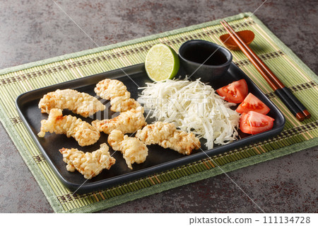Toriten or Chicken tempura traditional dish of Oita Prefecture with sauce and cabbage salad closeup on the plate. Horizontal 111134728