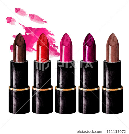 Red, brown, pink, purple lipsticks on white background. Watercolor. Isolated. For textile, fabric 111135072