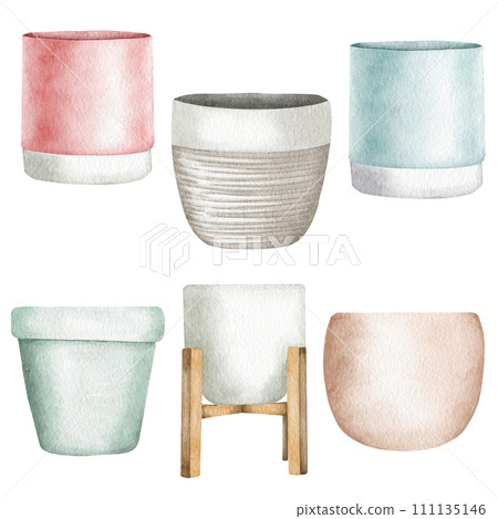 Set of watercolor flower pots. Modern pots collection 111135146