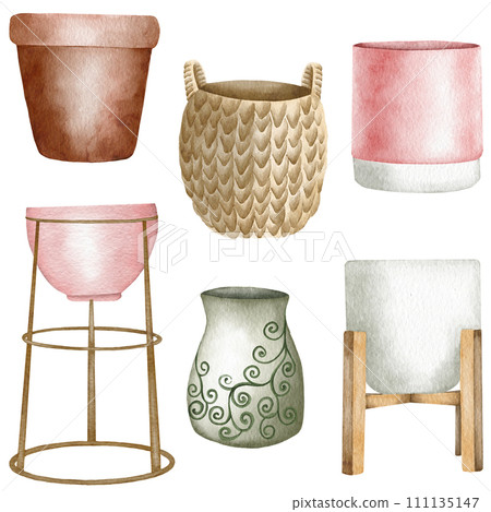 Set of watercolor flower pots. Modern pots collection 111135147
