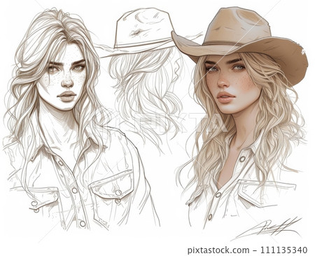 Beautiful Cowgirl illustration, sketch. 111135340