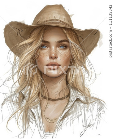 Beautiful Cowgirl illustration, sketch. 111135342