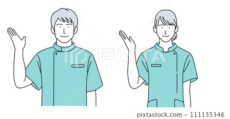 Illustration of a man and a woman wearing Casey medical workers Illustration of a man and a woman wearing Casey medical workers 111135346