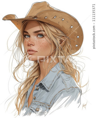 Beautiful Cowgirl illustration, sketch. Beautiful Cowgirl illustration, sketch. 111135371