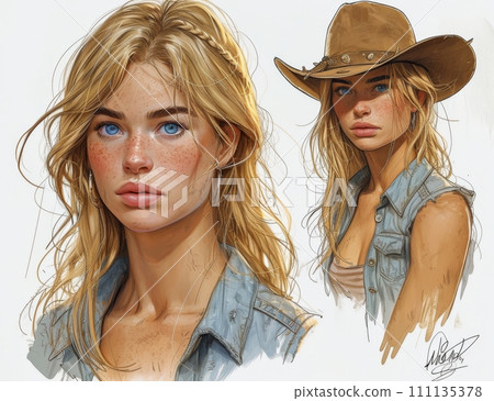 Beautiful Cowgirl illustration, sketch. Beautiful Cowgirl illustration, sketch. 111135378