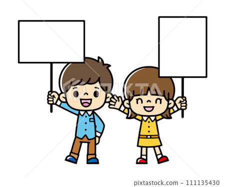 Illustration of a man and woman smiling and holding placards 111135430