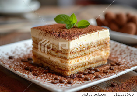 A slice of tiramisu surrounded by ingredients like cocoa powder, cinnamon sticks, and coffee beans on a wooden table. Generative AI. 111135560