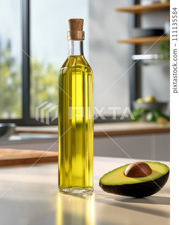 Close-up of a bottle of avocado oil in a modern kitchen. Close-up of a bottle of avocado oil in a modern kitchen. 111135584