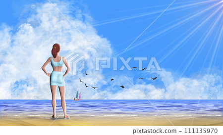 一個女人在仲夏的陽光下凝視著大海 文本的背景材料 一個女人在仲夏的陽光下凝視著大海 文本的背景材料 111135970