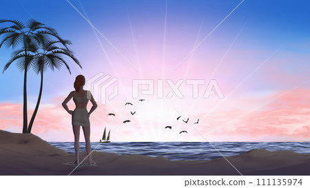 一個女人看著地平線上的日落 文字的背景材料 111135974