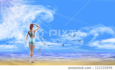 一個女人在仲夏的陽光下凝視著大海 文本的背景材料 一個女人在仲夏的陽光下凝視著大海 文本的背景材料 111135976