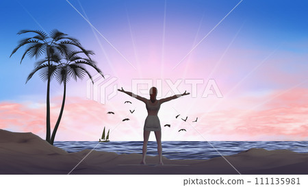 A woman spreading her arms against the sunset on the horizon Background material for text A woman spreading her arms against the sunset on the horizon Background material for text 111135981