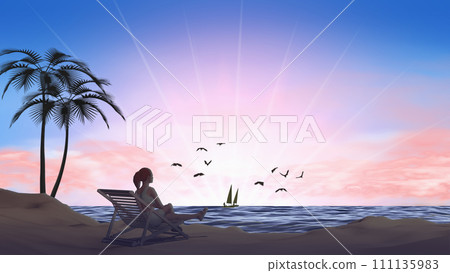 A woman watching the sunset over the horizon Background material for text A woman watching the sunset over the horizon Background material for text 111135983