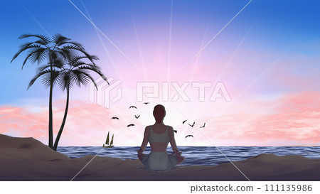 A woman meditating while listening to the sound of the waves. Background material for text A woman meditating while listening to the sound of the waves. Background material for text 111135986