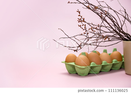 Green carton of different shade eggs with dark spring tree branches. Copy space simple pastel rustic background for traditional Easter holiday card Green carton of different shade eggs with dark spring tree branches. Copy space simple pastel rustic background for traditional Easter holiday card 111136025