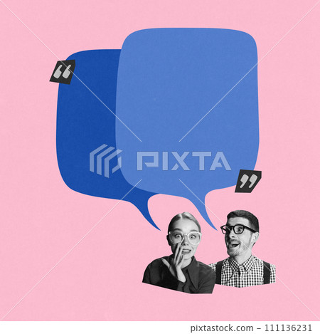 Two emotional young people, woman and man with large blue speech bubbles against pink background. Contemporary art collage. 111136231