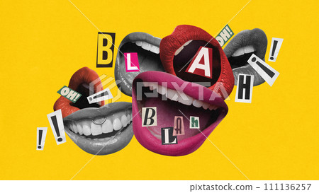 Various female open mouths talking, leading discussion over vivid yellow background. Contemporary art collage. Various female open mouths talking, leading discussion over vivid yellow background. Contemporary art collage. 111136257