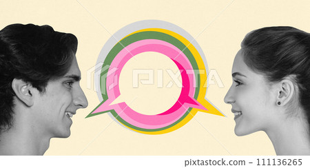 Young people, man and woman facing each other with a colorful speech bubble symbol between them and talking. Contemporary art collage. Young people, man and woman facing each other with a colorful speech bubble symbol between them and talking. Contemporary art collage. 111136265