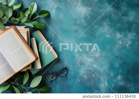 AI-generated content. Top view colorful school supplies on table background. Back to school concept. Generative AI 111136430