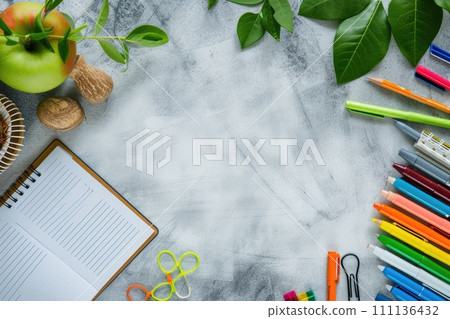 AI-generated content. Top view colorful school supplies on table background. Back to school concept. Generative AI 111136432