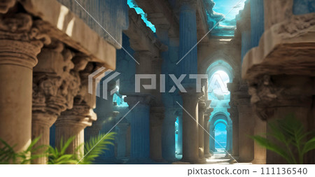 Construction with columns of lost Atlantida world. Lost ancient civilization. Ai generated 111136540