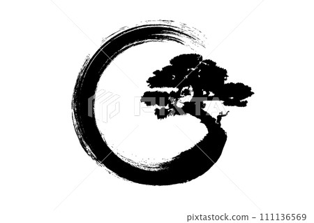 Enso Zen Circle and Bonsai Tree, hand-drawn with black ink in traditional Japanese style sumi-e, Vector logo design in Paint Brush art style, isolated on white background Enso Zen Circle and Bonsai Tree, hand-drawn with black ink in traditional Japanese style sumi-e, Vector logo design in Paint Brush art style, isolated on white background 111136569