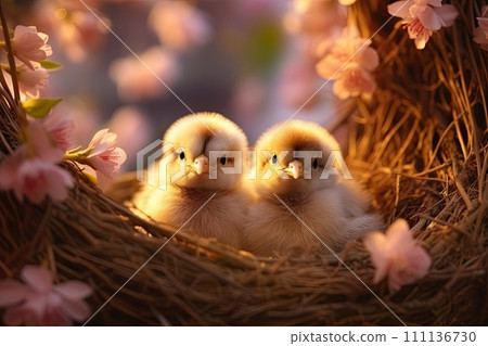 Cute little chicks in nest on spring background. 111136730