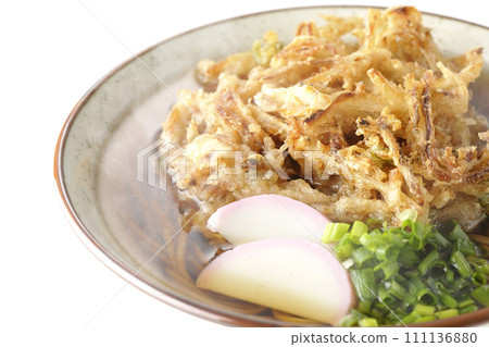 熱的 kakiage 蕎麥麵或天婦羅蕎麥麵,上面放著魚餅和蔥,在白色背景下拍攝 熱的 kakiage 蕎麥麵或天婦羅蕎麥麵,上面放著魚餅和蔥,在白色背景下拍攝 111136880