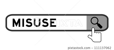 Search banner in word misuse with hand over magnifier icon on white background Search banner in word misuse with hand over magnifier icon on white background 111137062