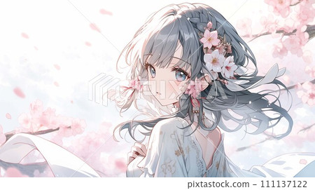 櫻花與少女桌布素材 111137122