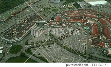 Aerial shot of an Italian fashion outlet in Serravalle Scrivia, Italy 111137142