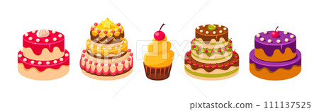 Sweet Cake and Cupcake Dessert with Cream Vector Set 111137525