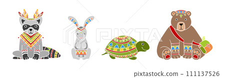Funny Animal Character with Ethnic Ornament Vector Set 111137526